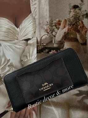 Coach Chocolate Brown  Zip-Around Wallet Clutch, Gold Logo, Credit Card Slots,
